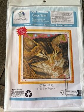 Smiling Cat Joy Sunday Pre-Printed Cross Stitch Kit 11ct Aida - NEW